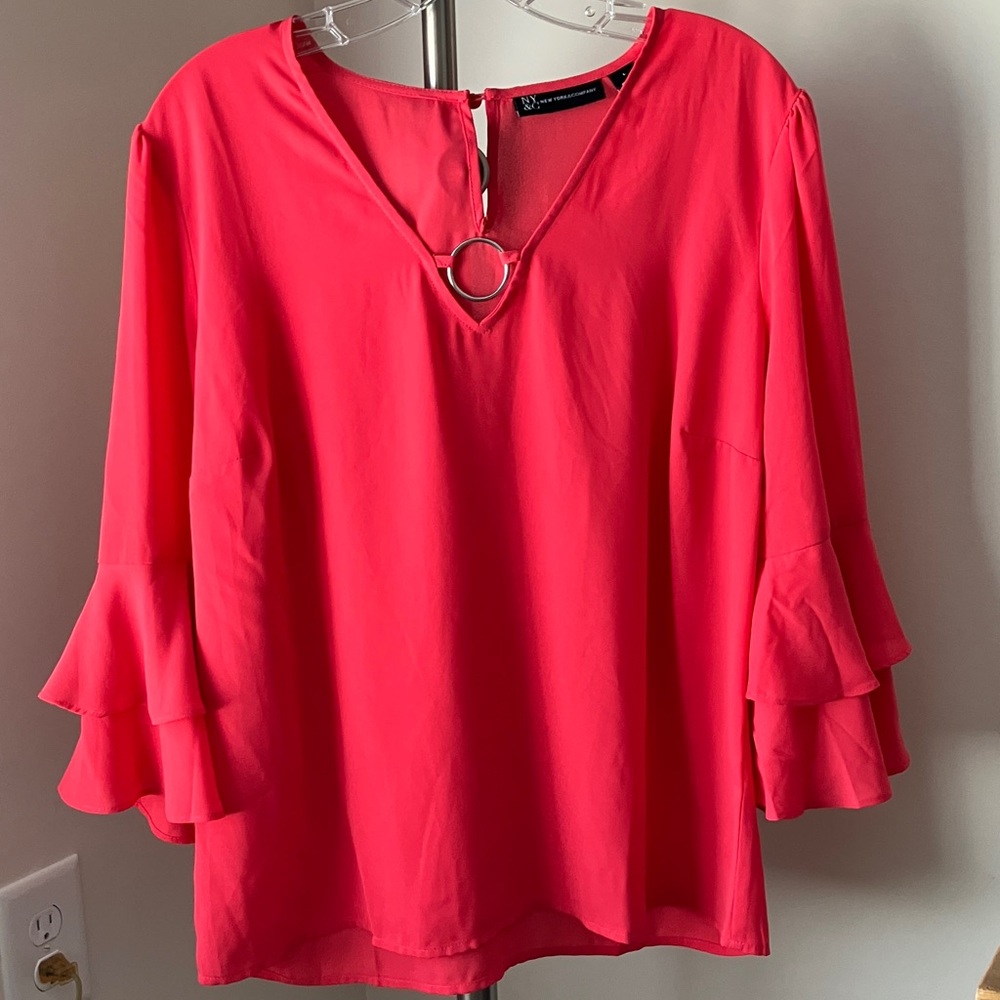New York & Company Vibrant Pink Blouse with Ruffle Sleeves
